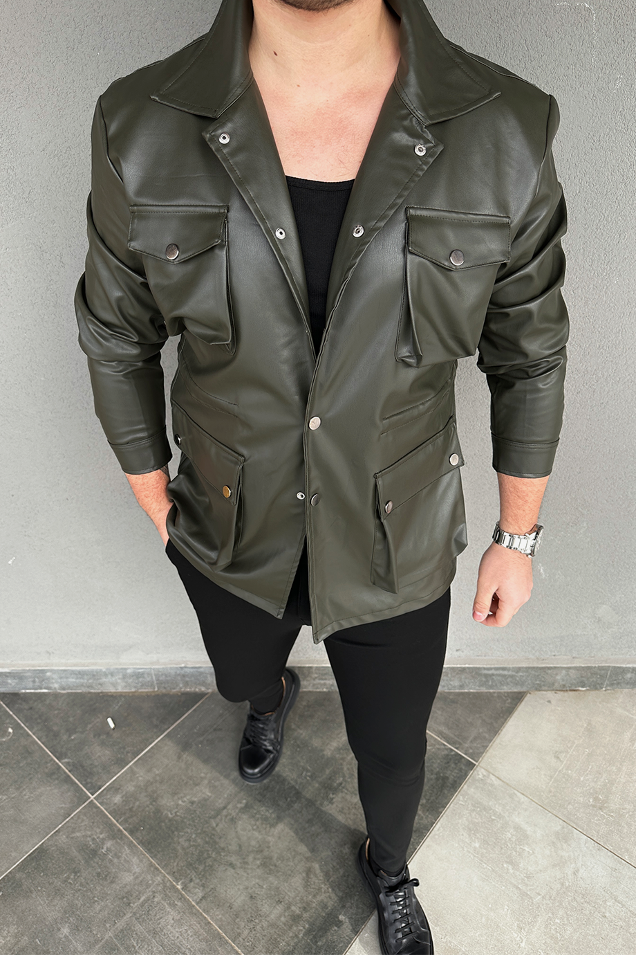 HAKİ KÖRÜKLÜ DERİ CEKET