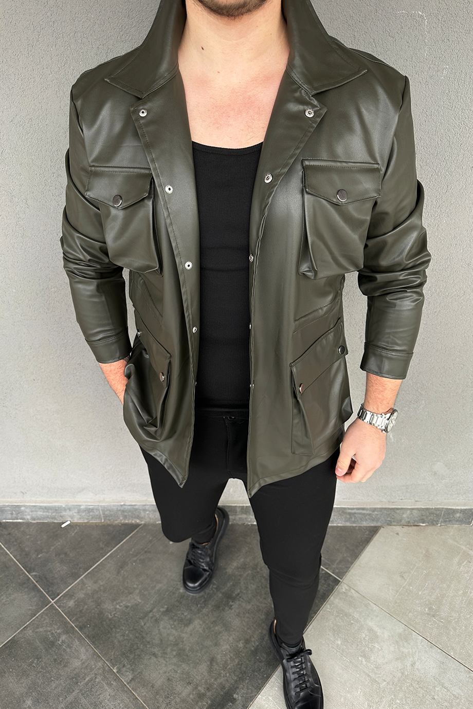 HAKİ KÖRÜKLÜ DERİ CEKET