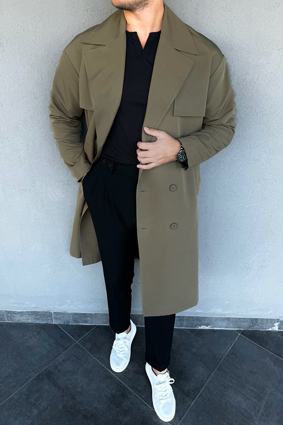 HAKİ PREMİUM KALİTEDE ÖZEL TASARIM KEMERLİ TRENÇKOT