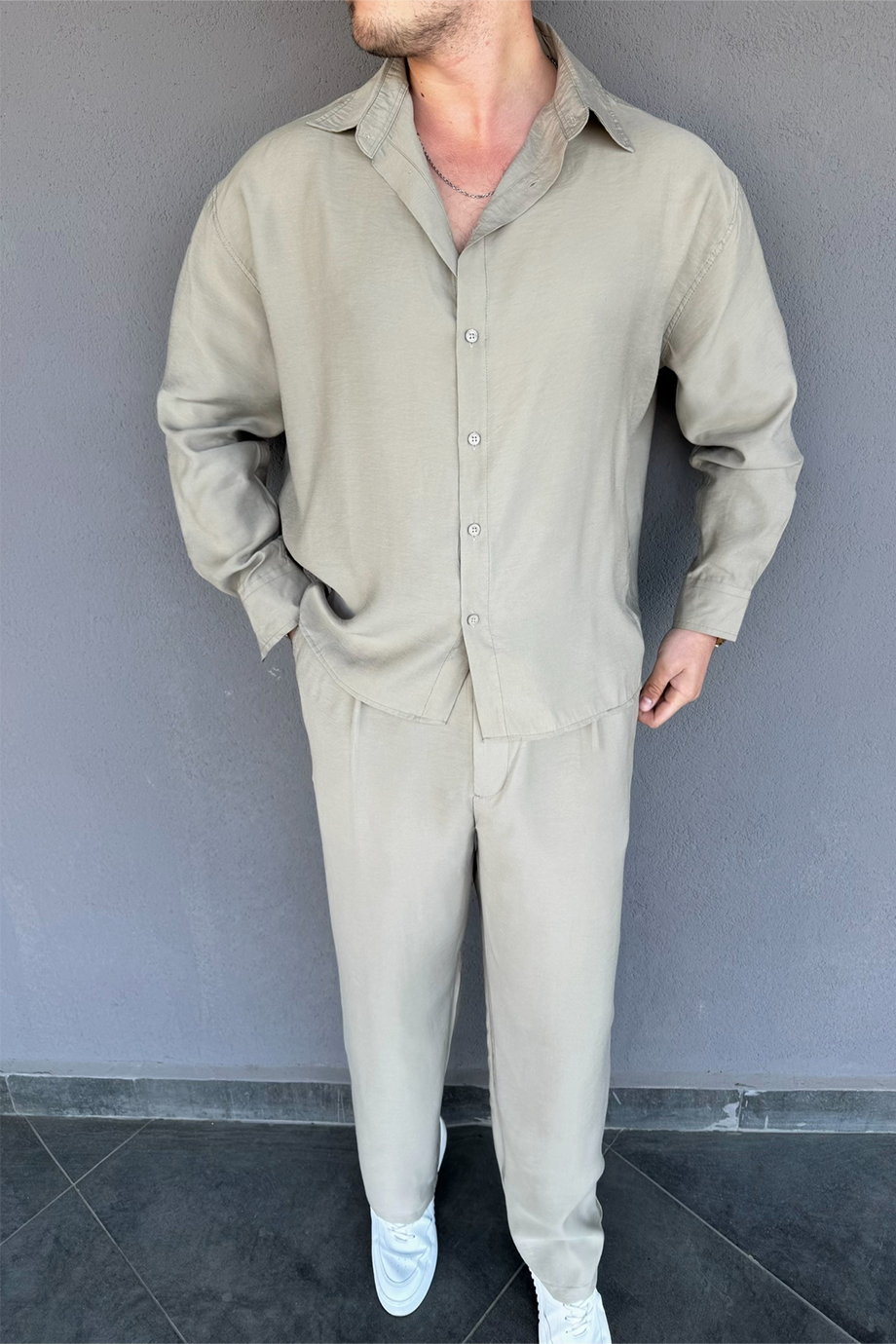 HAKİ PREMİUM MODAL KUMAŞ GÖMLEK-PANTALON TAKIM