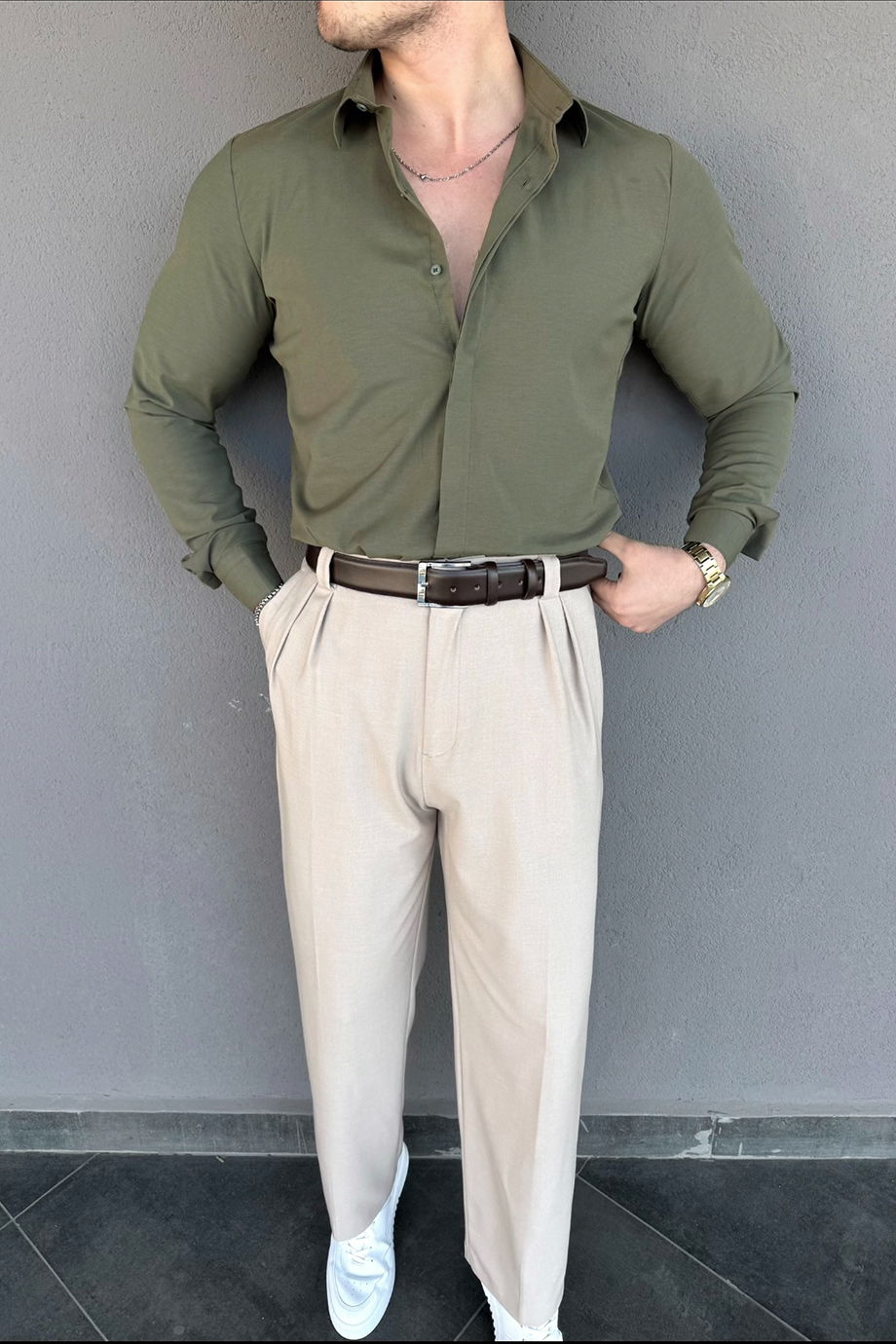 HAKİ SLİM-FİT GİZLİ PAT GÖMLEK