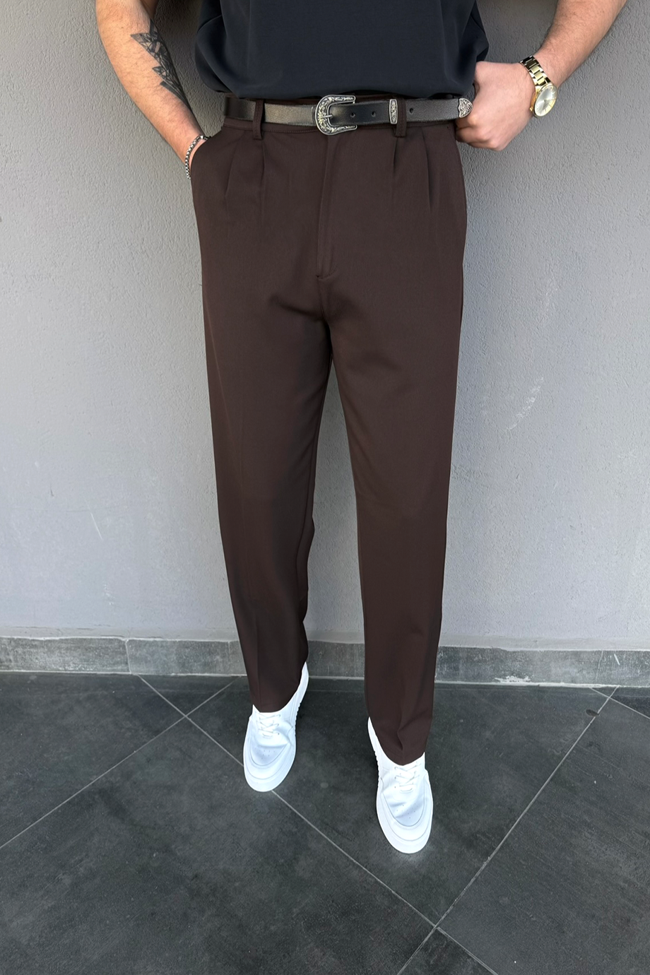 KAHVE BAGGY KALIP KUMAŞ PANTALON