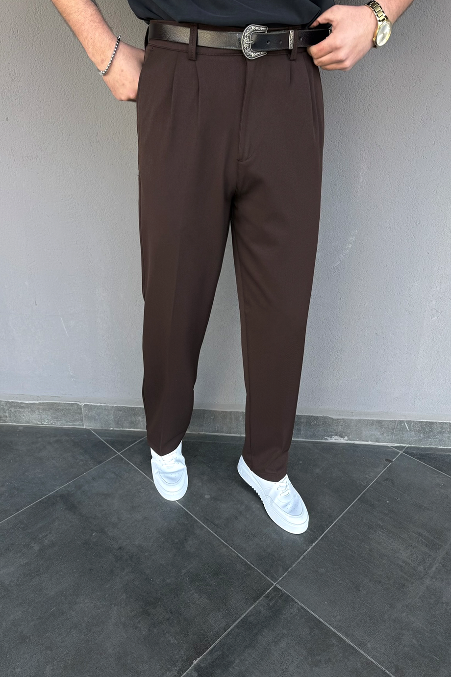 KAHVE BAGGY KALIP KUMAŞ PANTALON