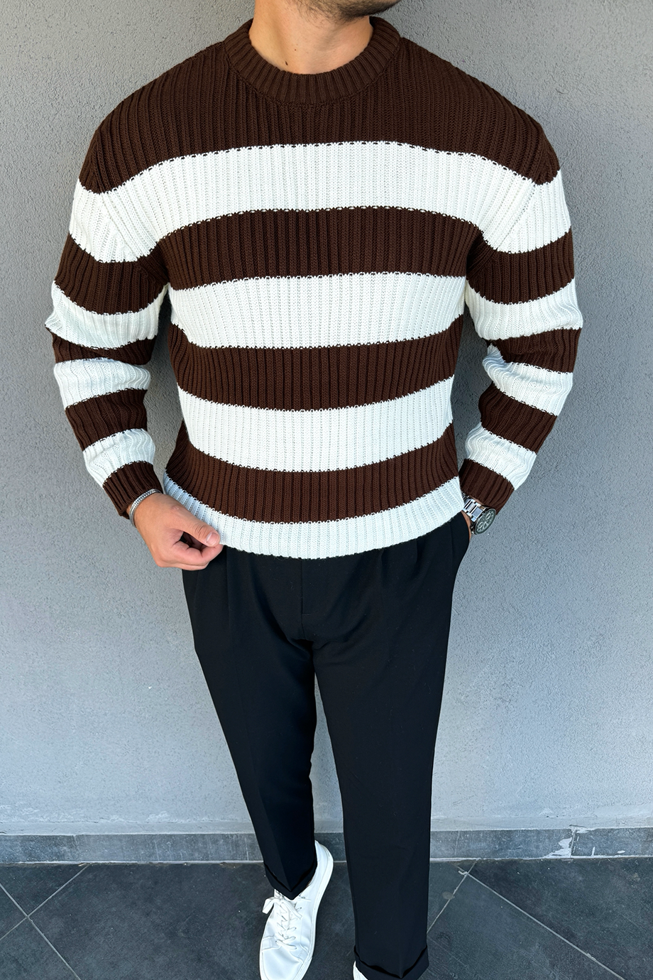 KAHVE-EKRU ÇİZGİLİ OVERSİZE ÖRME KAZAK