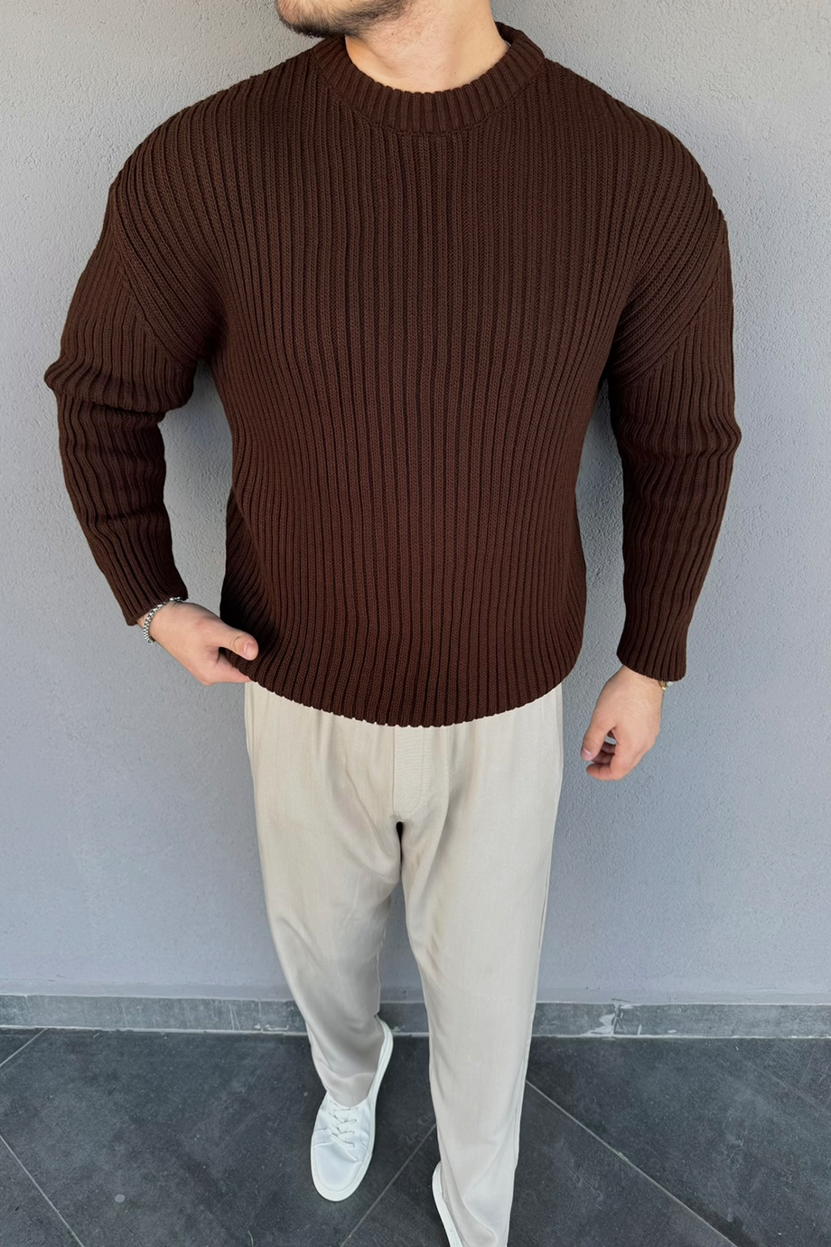 KAHVE GENİŞ FİTİLLİ ÖRME İNDİRİMLİ KAZAK