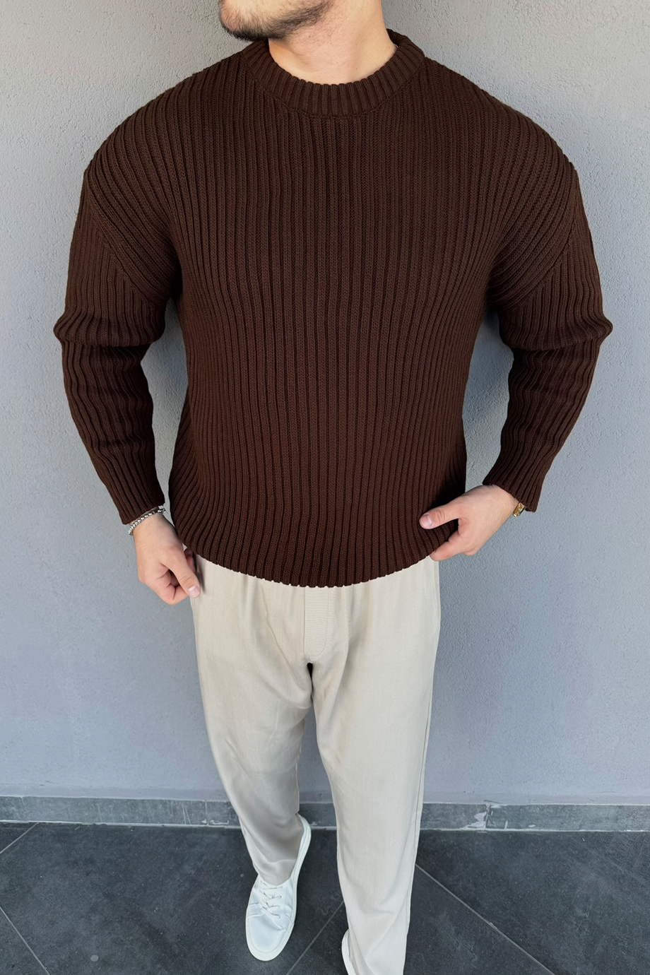 KAHVE GENİŞ FİTİLLİ ÖRME İNDİRİMLİ KAZAK