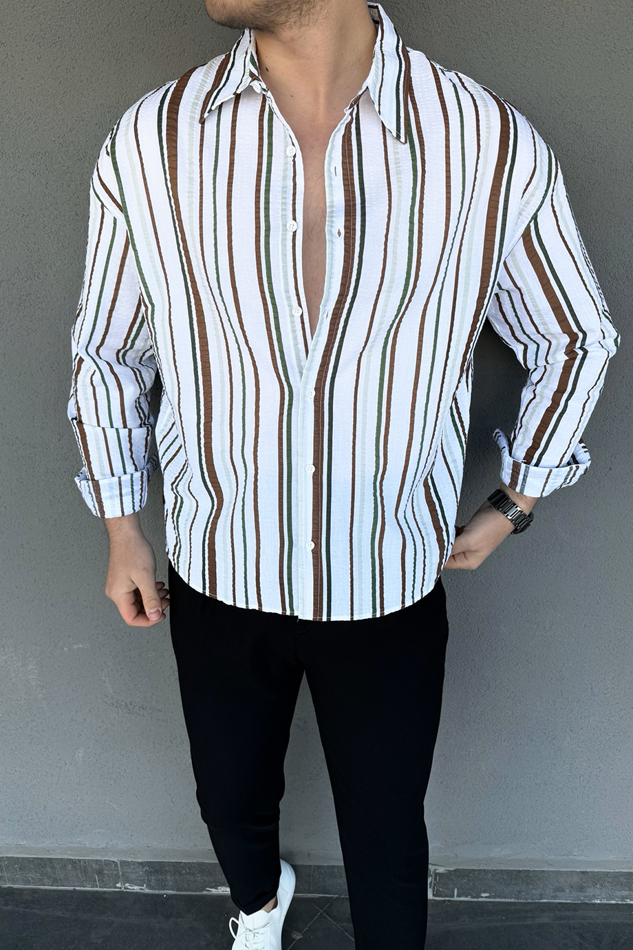 KAHVE-KOYU YEŞİL ÇİZGİLİ GÖMLEK