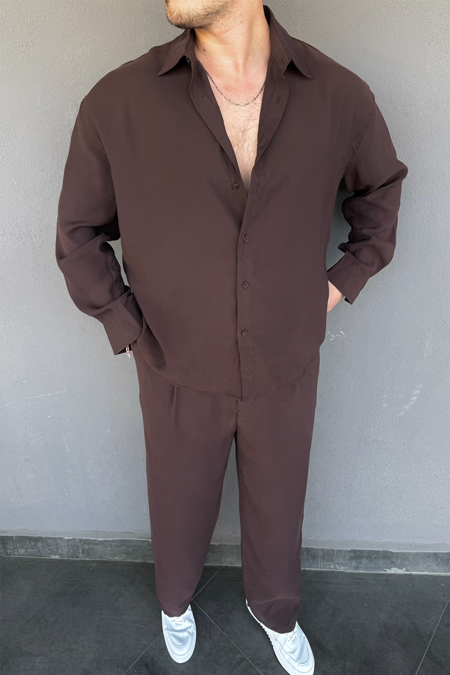 KAHVE PREMİUM MODAL KUMAŞ GÖMLEK-PANTALON TAKIM