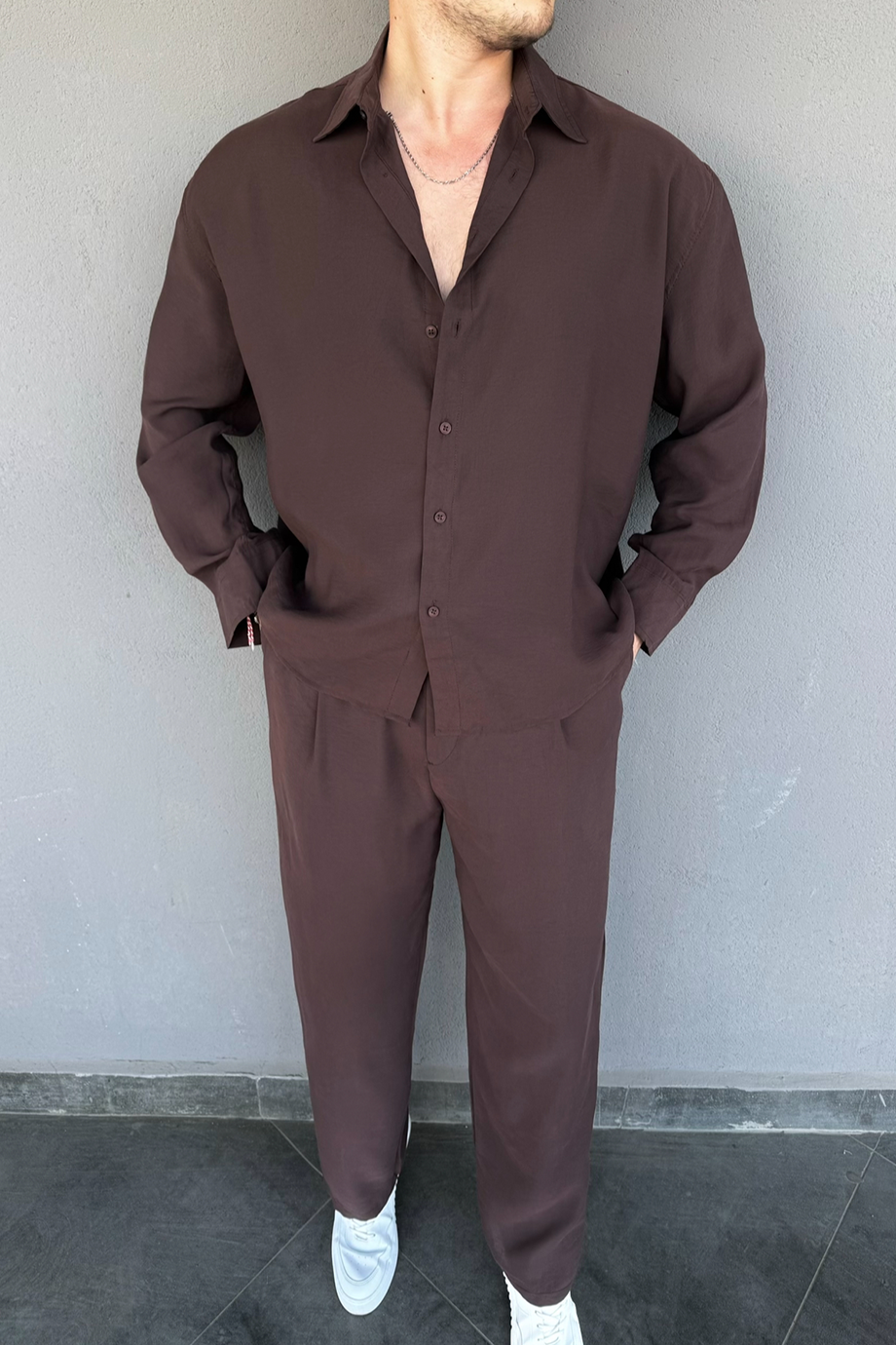 KAHVE PREMİUM MODAL KUMAŞ GÖMLEK-PANTALON TAKIM