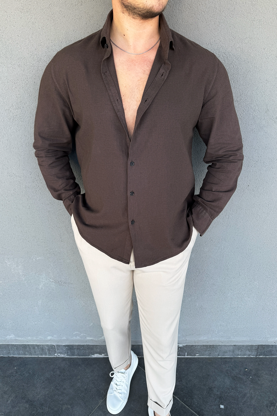 KAHVE REGULAR FİT PREMİUM SERİ KETEN GÖMLEK