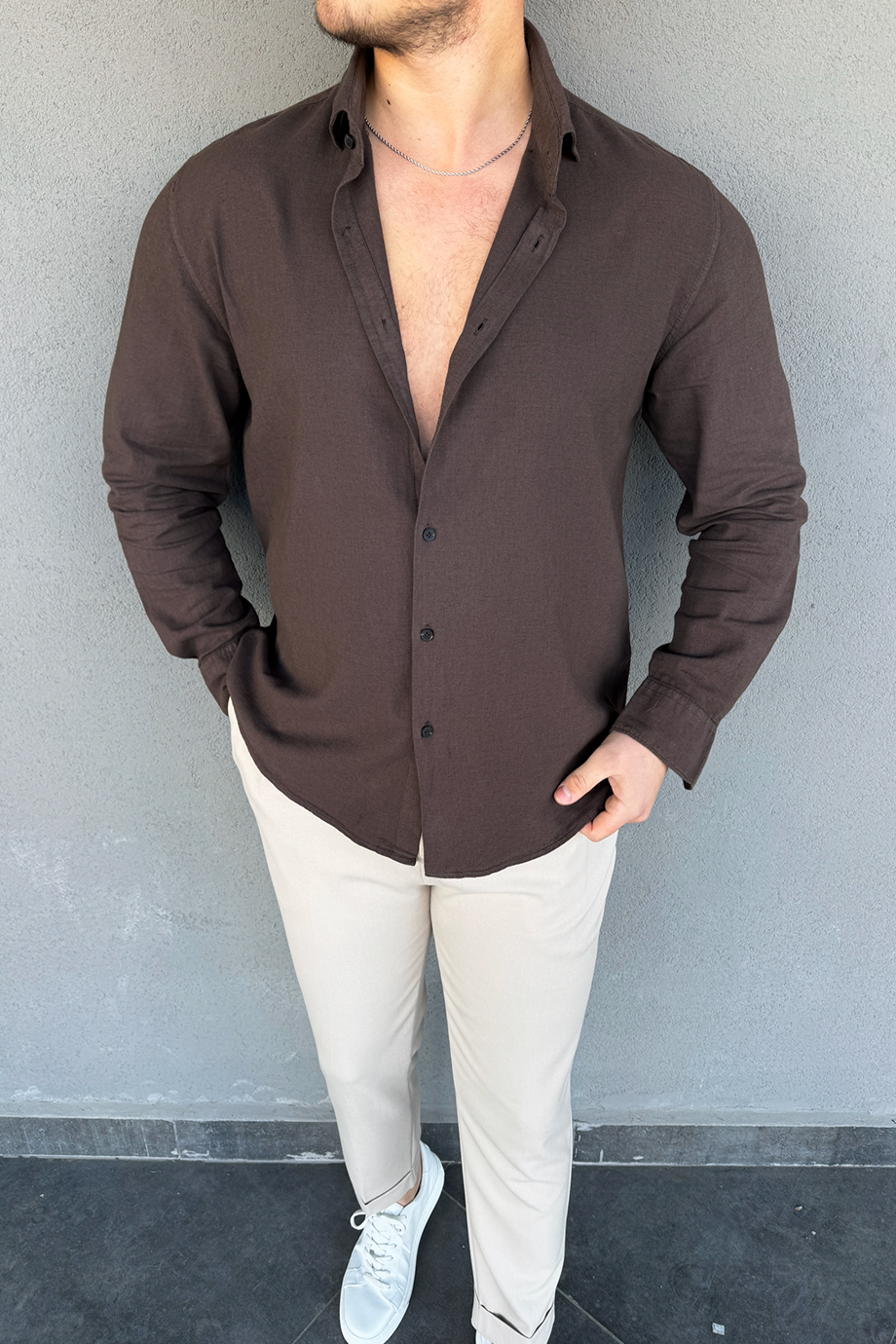 KAHVE REGULAR FİT PREMİUM SERİ KETEN GÖMLEK