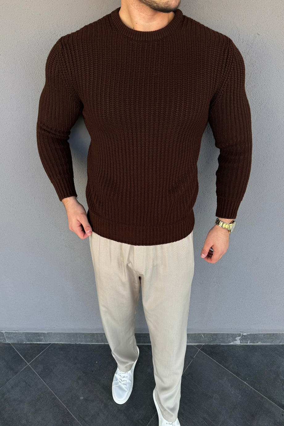 KAHVE SELANİK ÖRME TAM KALIP KAZAK