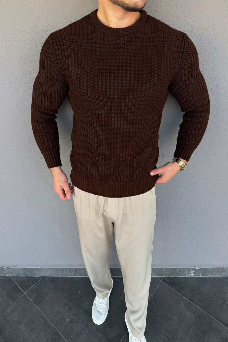 KAHVE SELANİK ÖRME TAM KALIP KAZAK