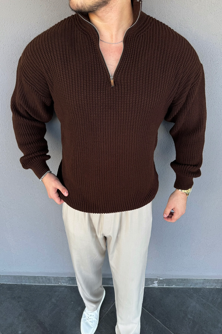 KAHVE YARIM FERMUARLI ÖRME İNDİRİMLİ TRİKO