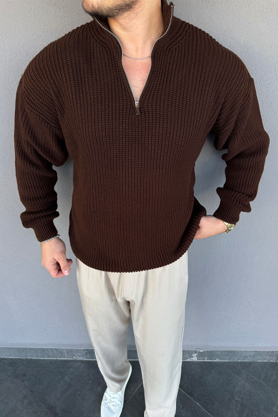 KAHVE YARIM FERMUARLI ÖRME İNDİRİMLİ TRİKO