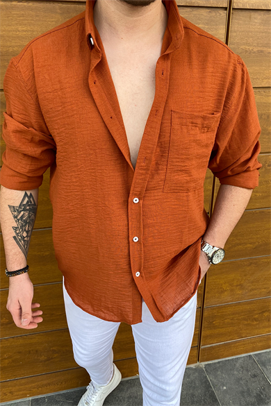 KİREMİT RENGİ KETEN-VİSKON KUMAŞ KARIŞIMLI OVERSIZE GÖMLEK
