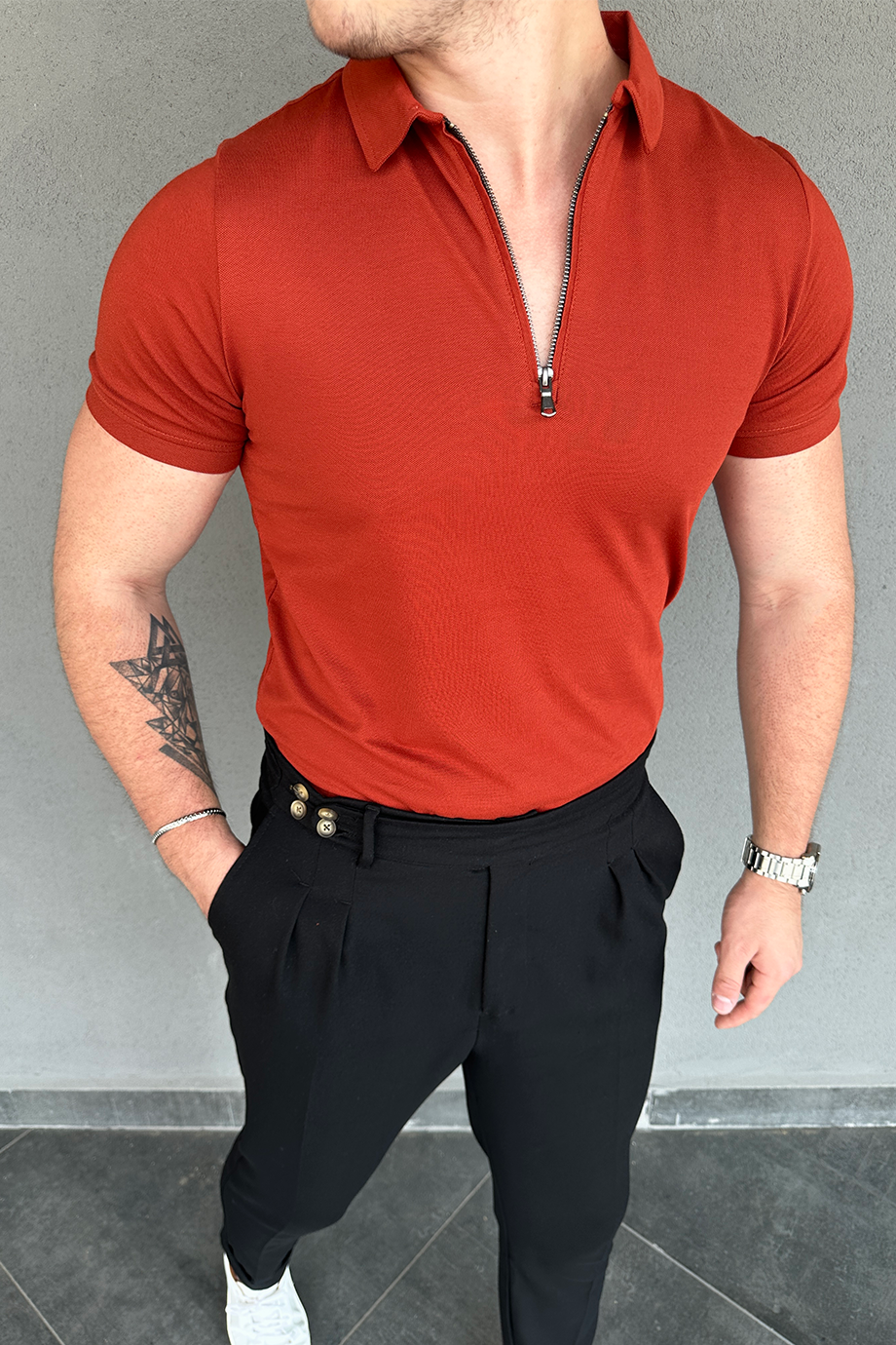 KİREMİT YARIM FERMUARLI POLO YAKA T-SHİRT