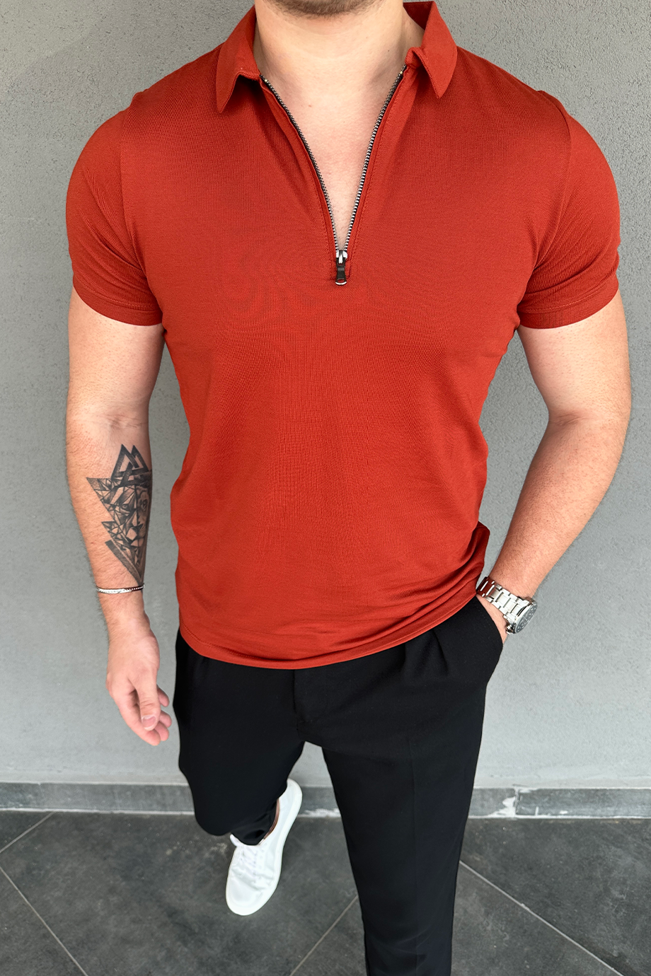 KİREMİT YARIM FERMUARLI POLO YAKA T-SHİRT