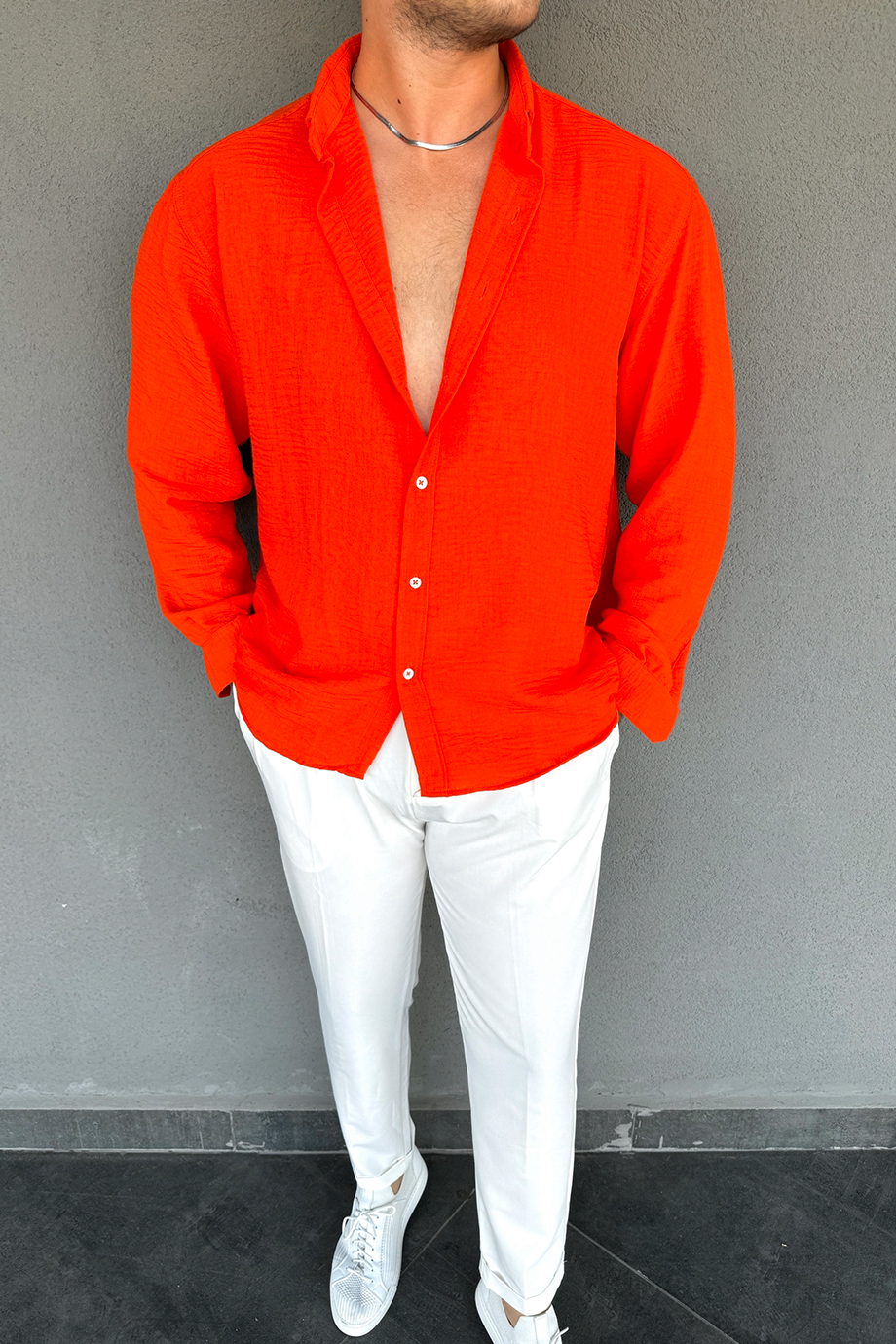 KIRMIZI OVERSIZE KALIP KETEN KARIŞIMLI GÖMLEK