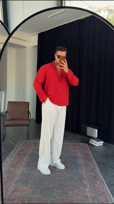KIRMIZI OVERSIZE KALIP KETEN KARIŞIMLI GÖMLEK