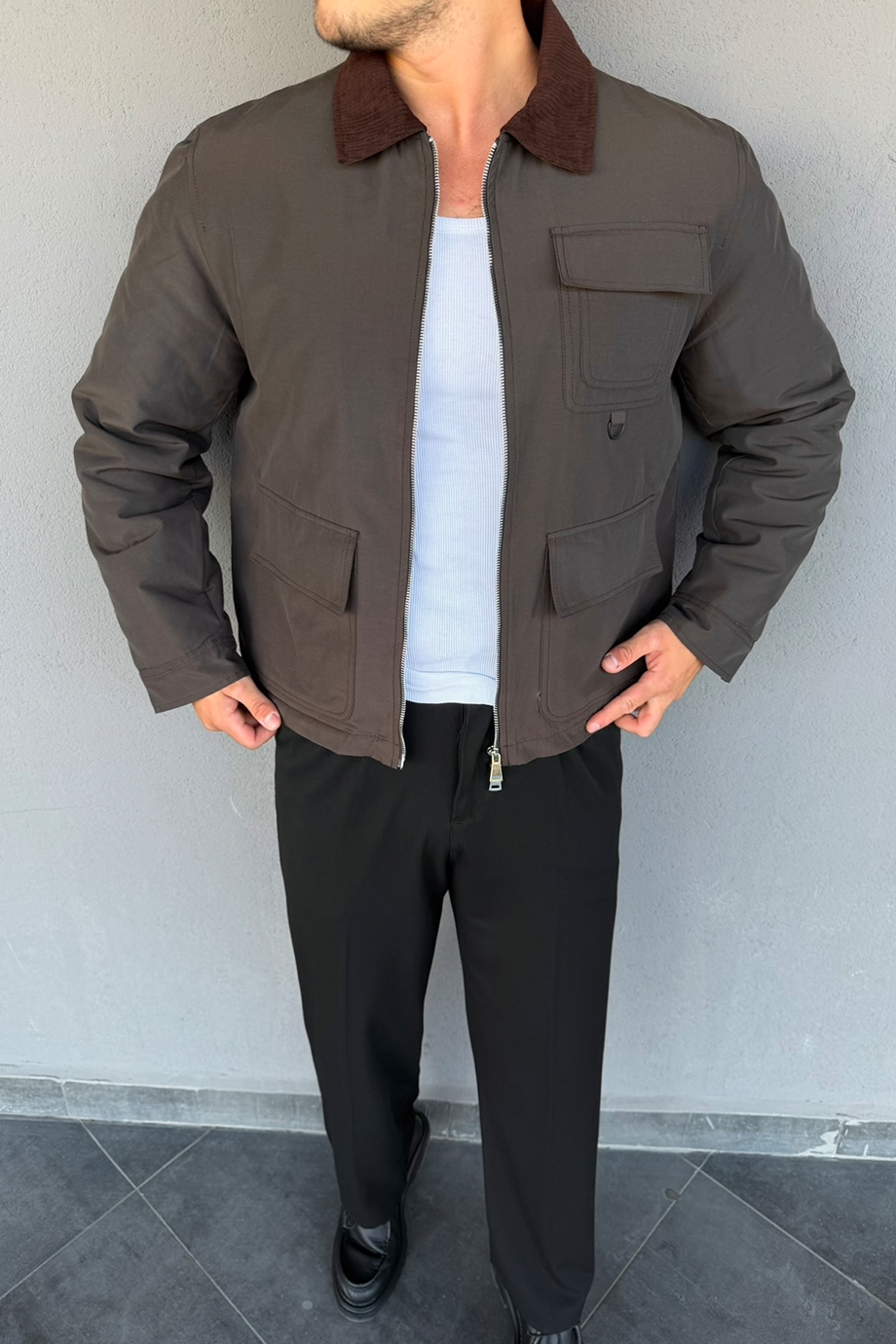 KOYU HAKİ KADİFE YAKA CEKET
