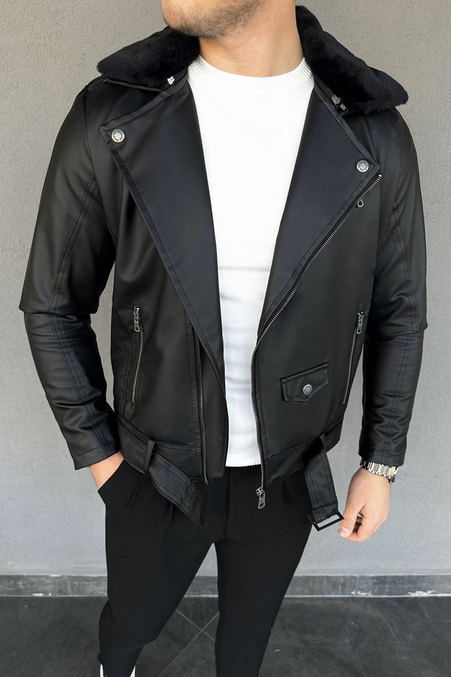 KUZEY MODELİ KÜRKLÜ VE KEMERLİ DERİ CEKET