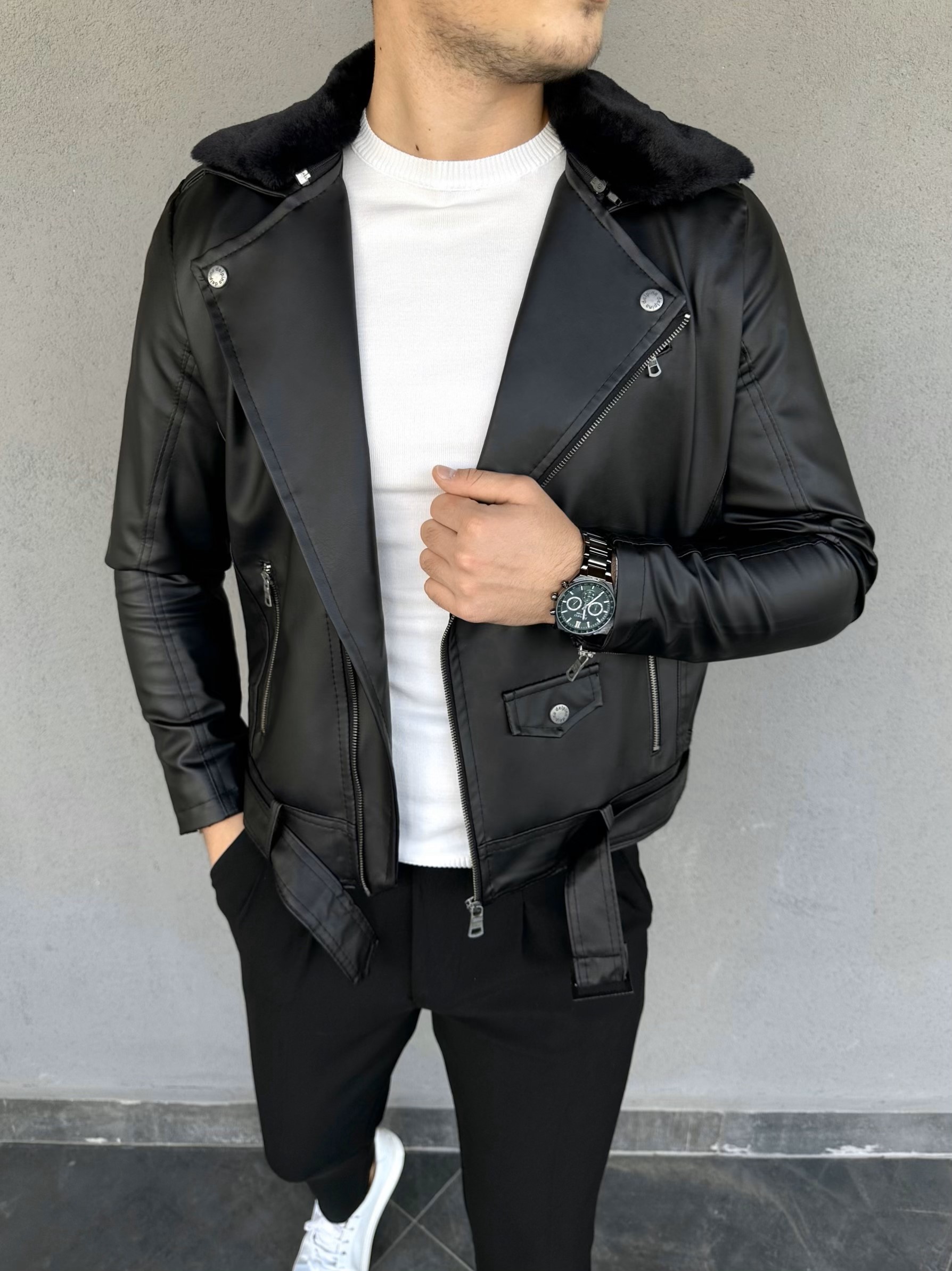 KUZEY MODELİ KÜRKLÜ VE KEMERLİ DERİ CEKET