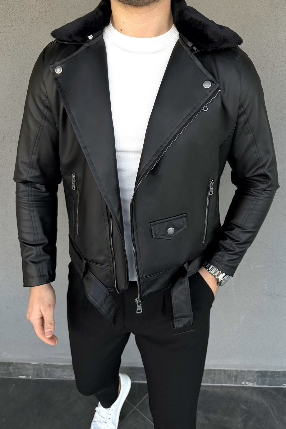 KUZEY MODELİ KÜRKLÜ VE KEMERLİ DERİ CEKET