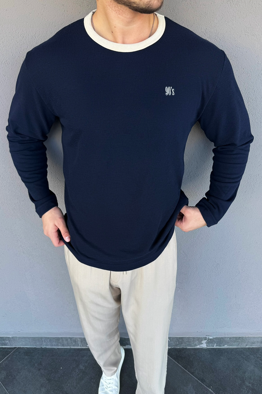 LACİVERT 90S NAKIŞLI RAHAT KALIP KAZAK