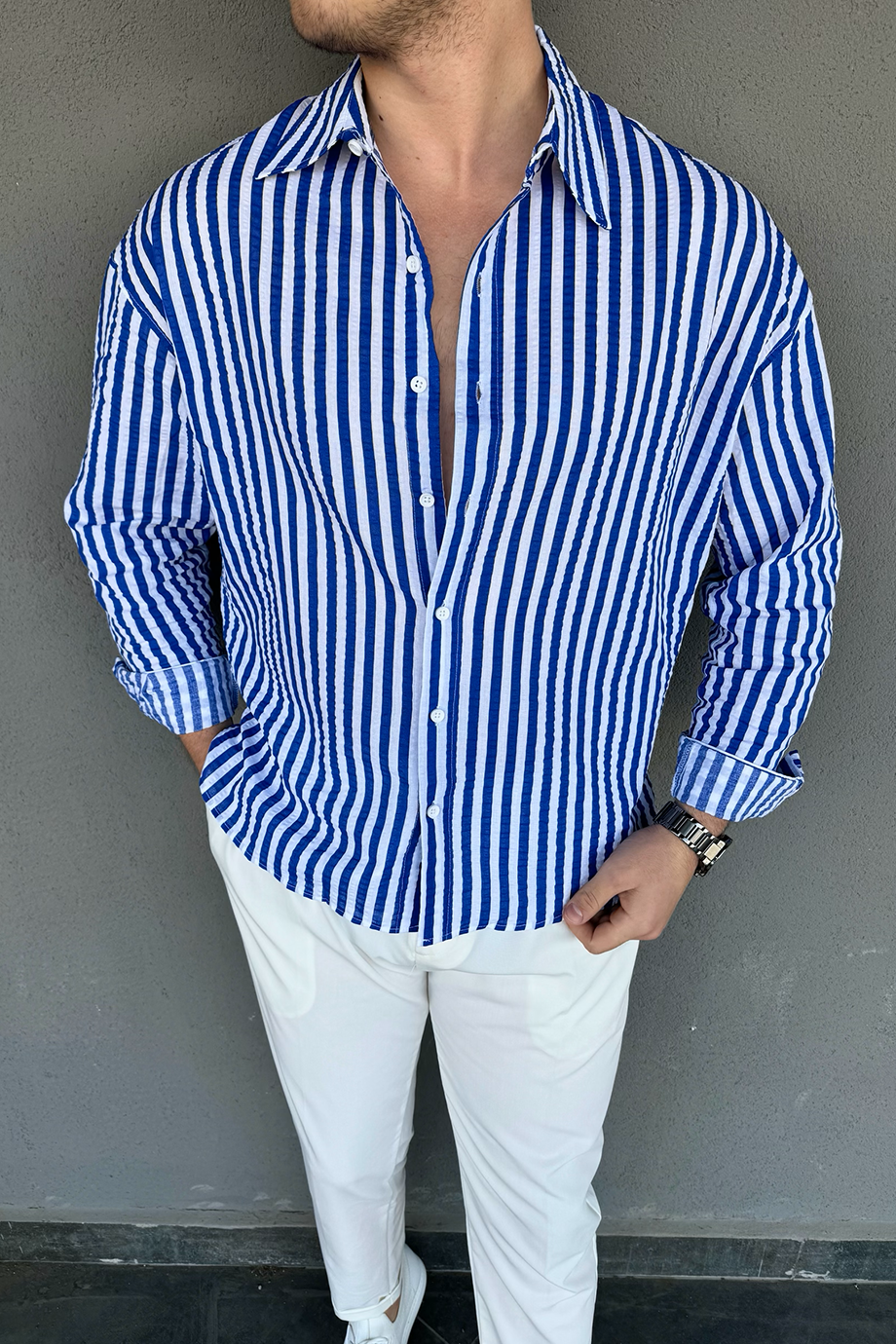 LACİVERT-BEYAZ ÇİZGİLİ GÖMLEK