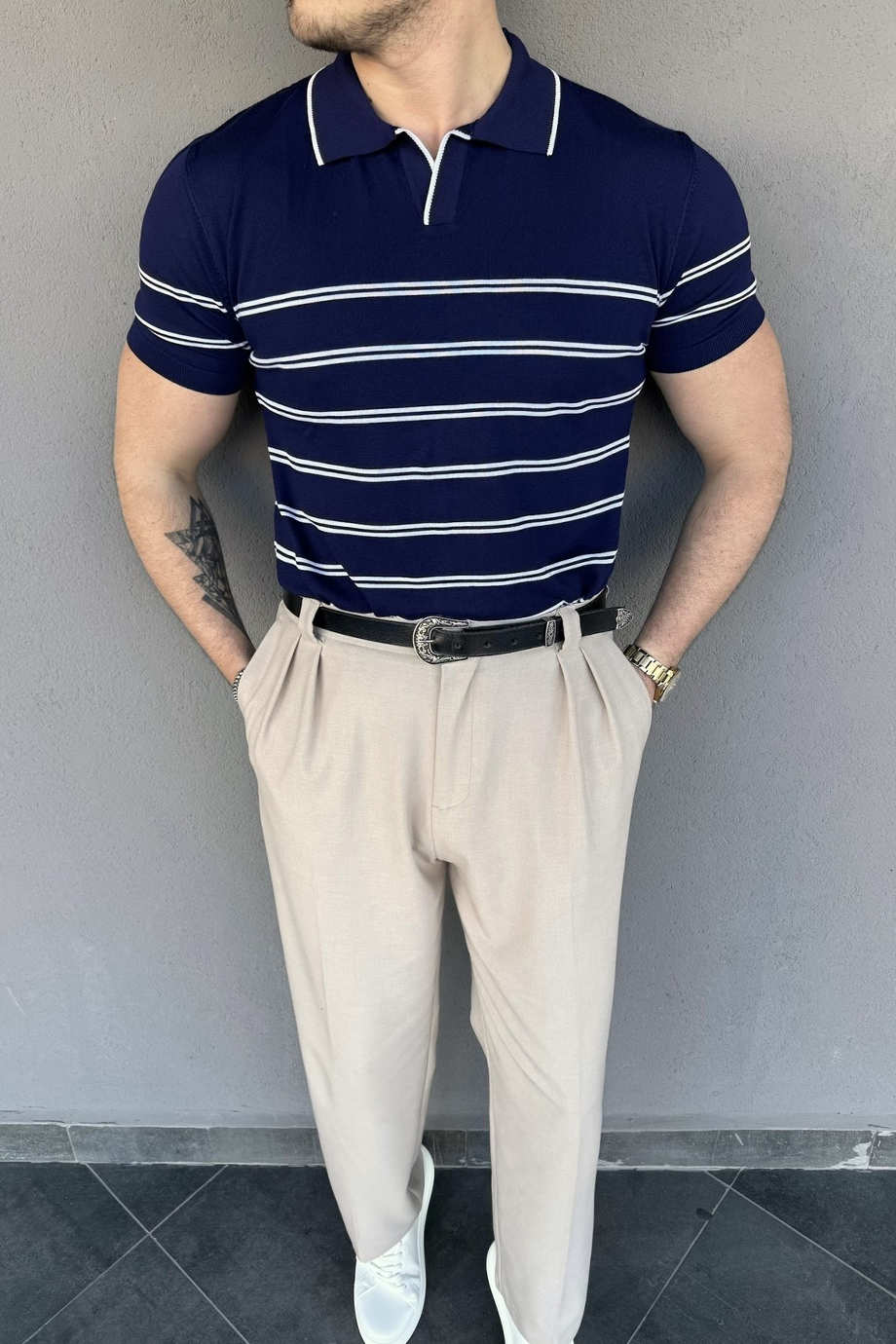 LACİVERT-BEYAZ ÇİZGİLİ OLD MONEY TRİKO