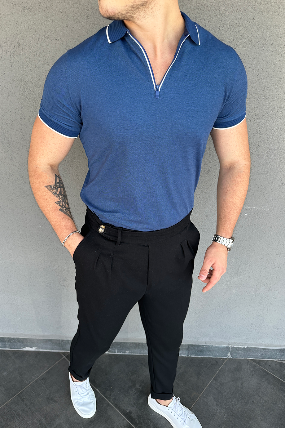 LACİVERT ÇİZGİLİ POLO YAKA FERMUARLI T- SHİRT