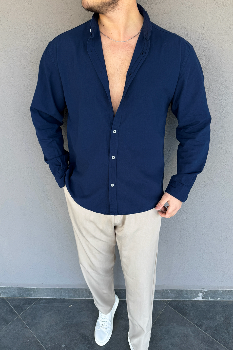 LACİVERT FRESH KETEN OVERSİZE GÖMLEK