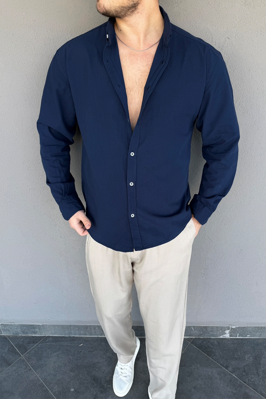 LACİVERT FRESH KETEN OVERSİZE KALIP GÖMLEK