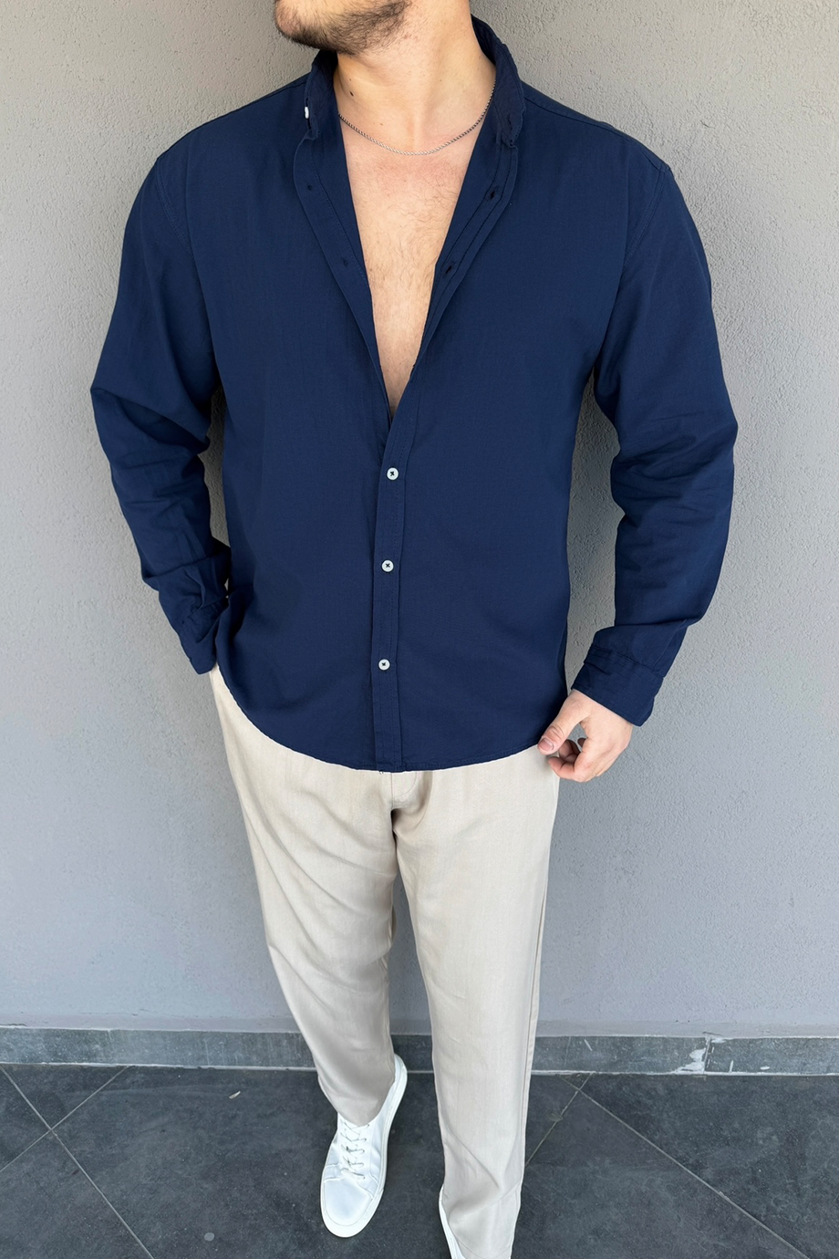 LACİVERT FRESH KETEN OVERSİZE KALIP GÖMLEK