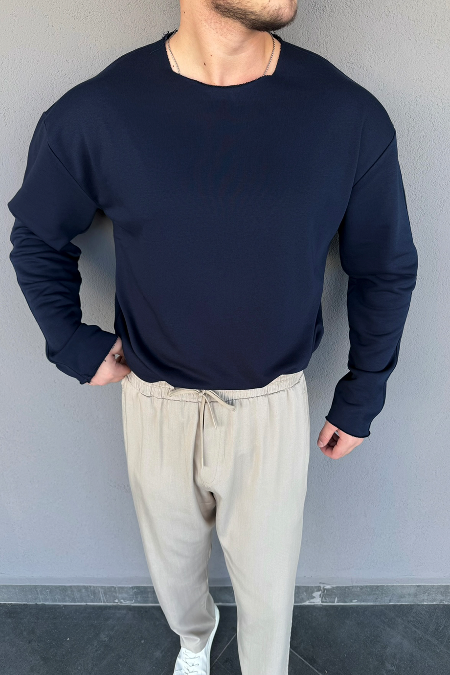 LACİVERT GENİŞ YAKA OVERSİZE KAZAK