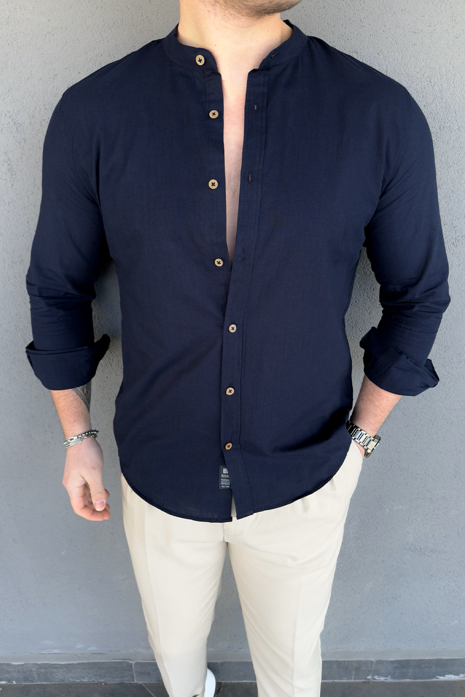 LACİVERT HAKİM YAKA KETEN KARIŞIMLI GÖMLEK