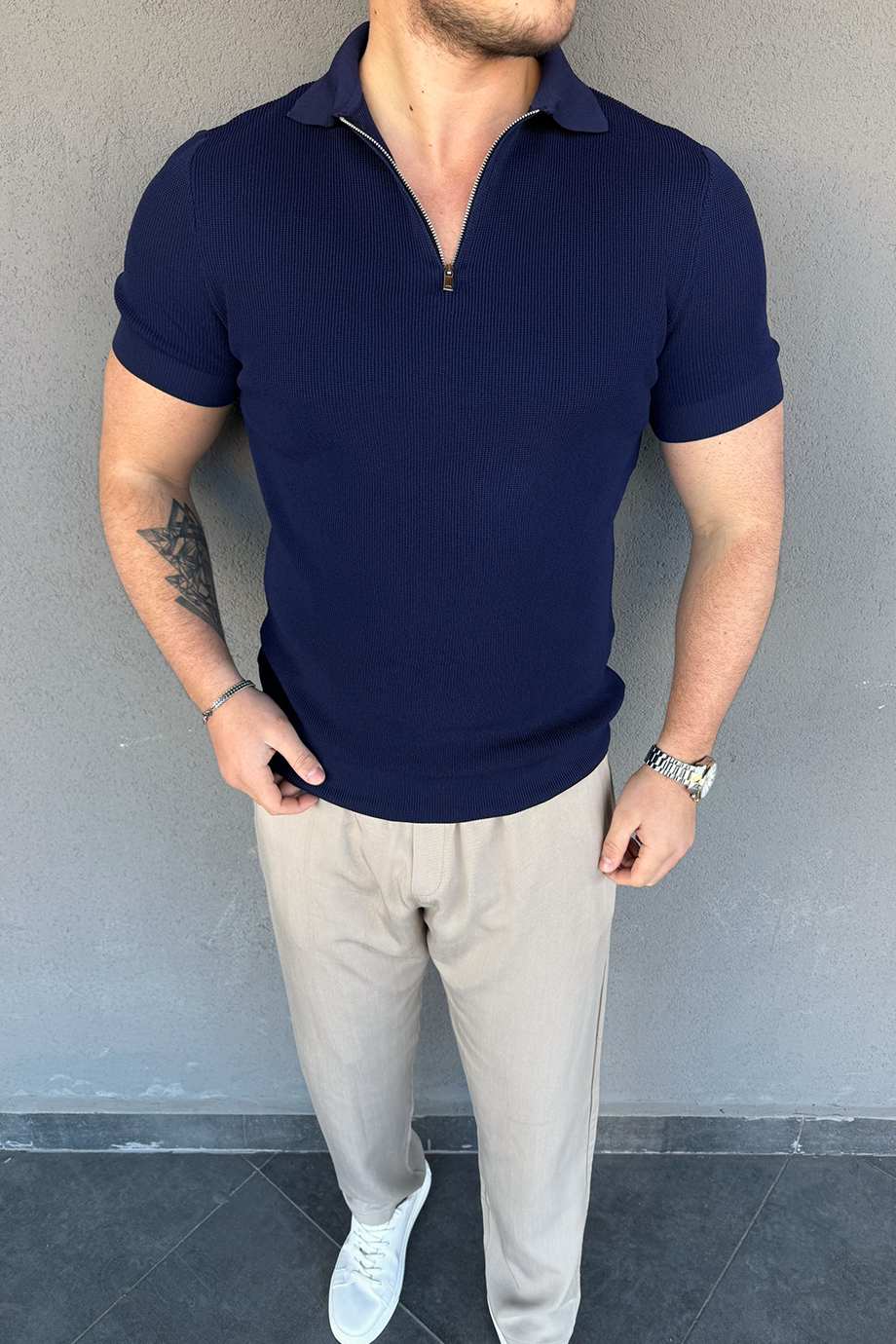 LACİVERT İNCE ÖRME YARIM FERMUARLI PREMİUM T-SHİRT