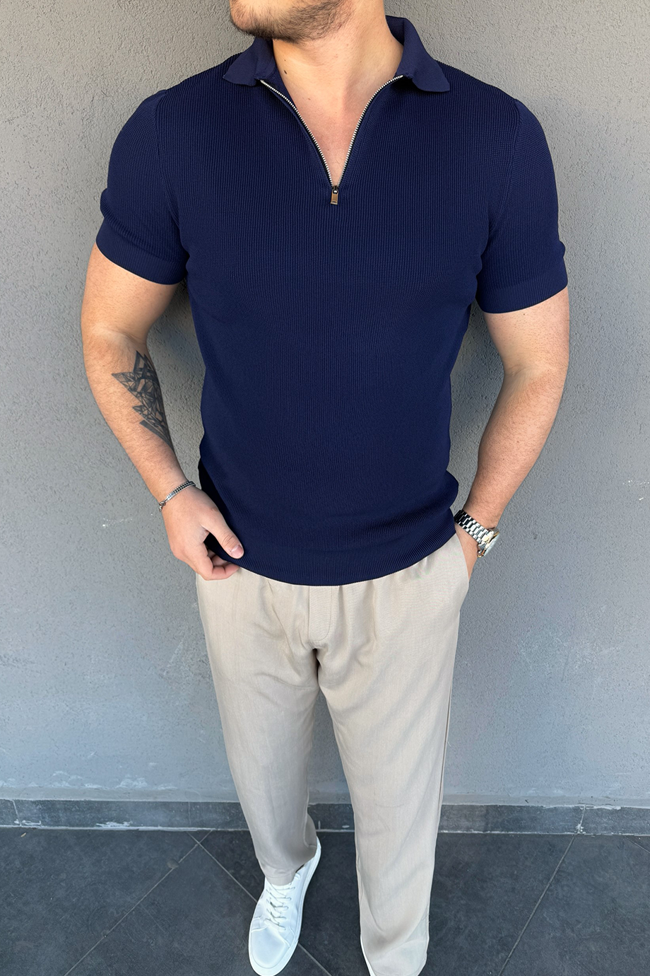 LACİVERT İNCE ÖRME YARIM FERMUARLI PREMİUM T-SHİRT