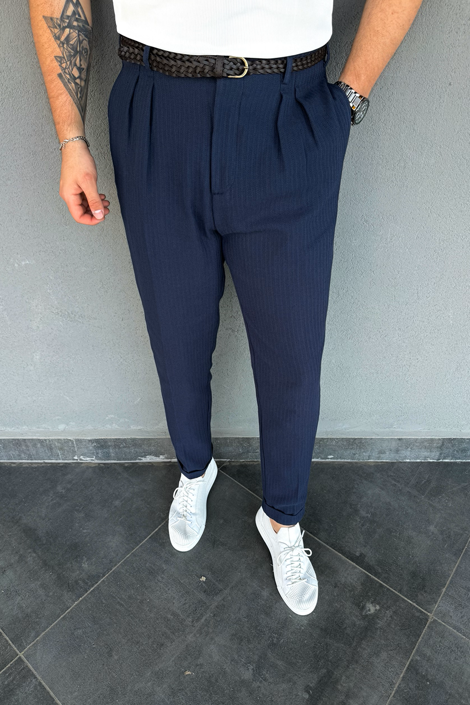 LACİVERT İTALYAN KESİM DESENLİ KENDİNDEN KEMERLİ PANTALON