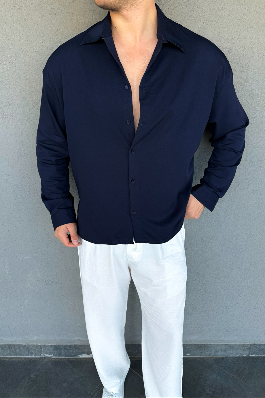 LACİVERT İTALYAN YAKA OVERSIZE GÖMLEK