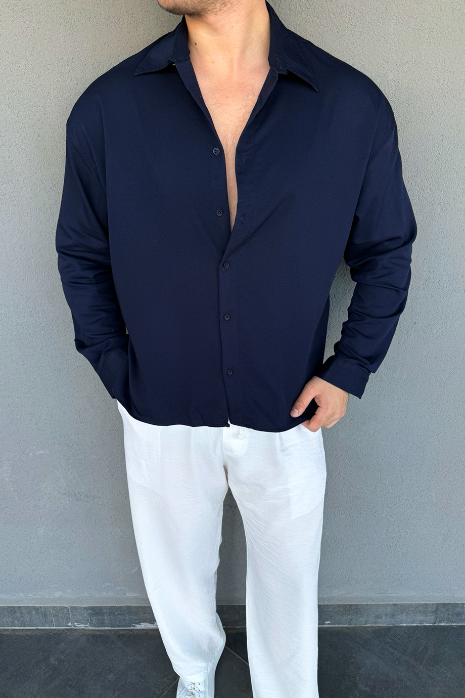 LACİVERT İTALYAN YAKA OVERSIZE GÖMLEK