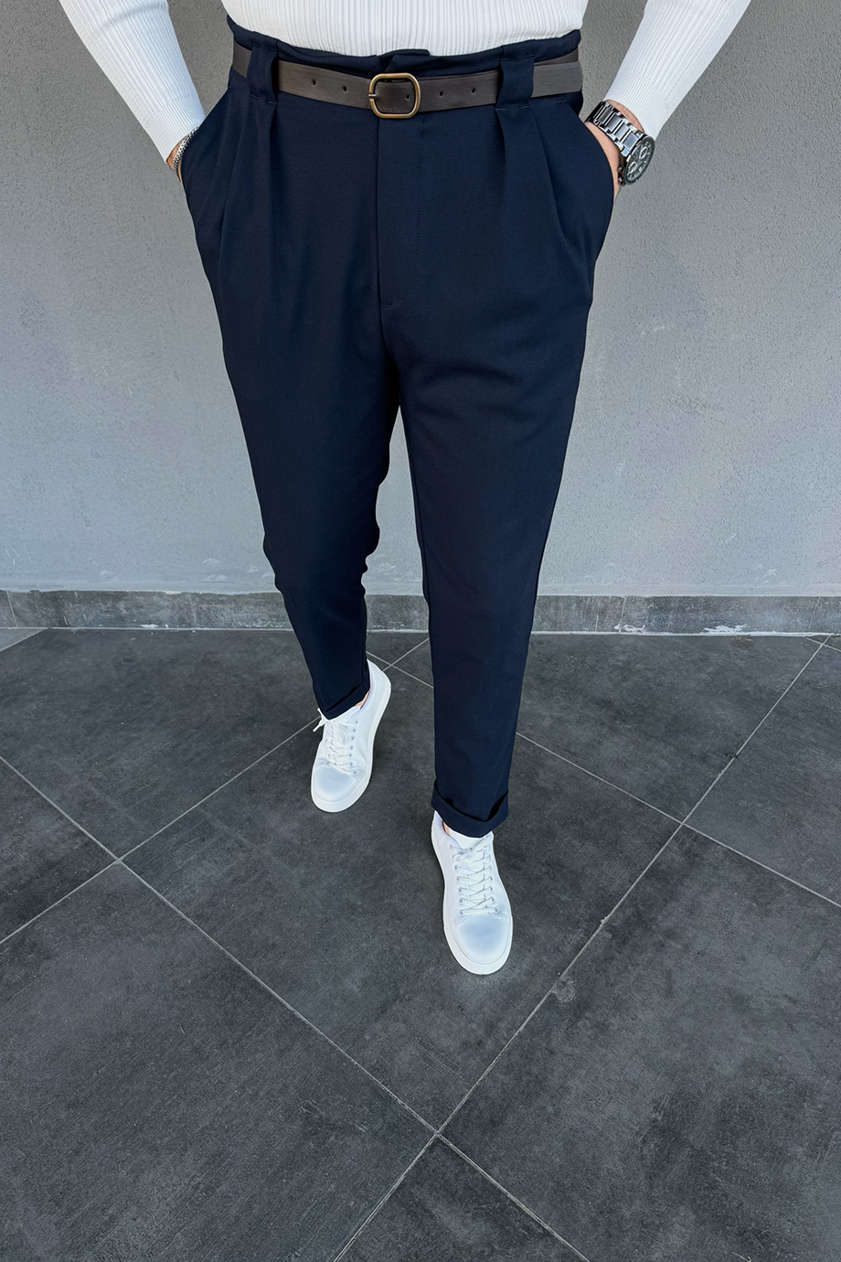 LACİVERT KEMER DETAYLI İTALYAN KESİM PANTALON