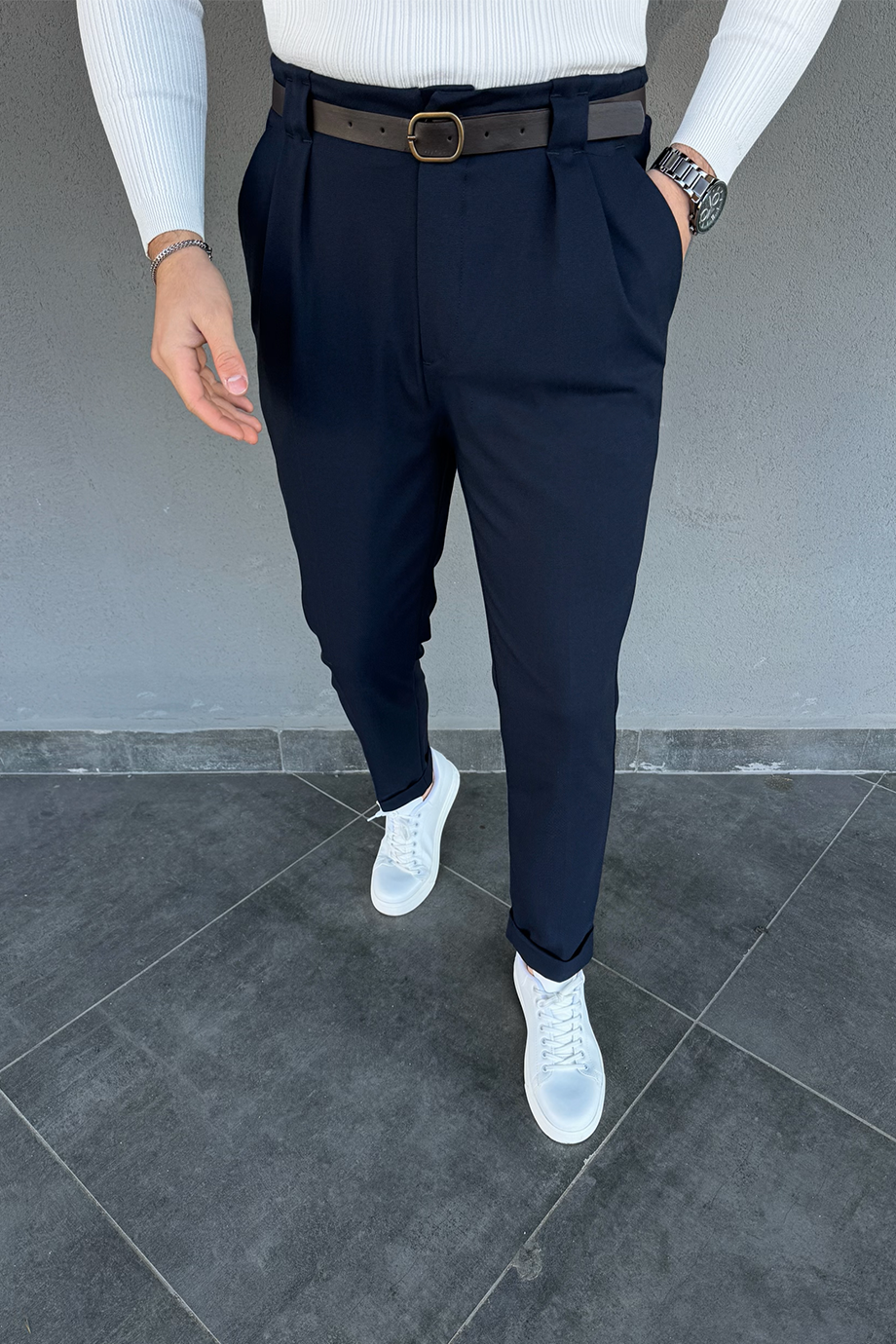 LACİVERT KEMER DETAYLI İTALYAN KESİM PANTALON