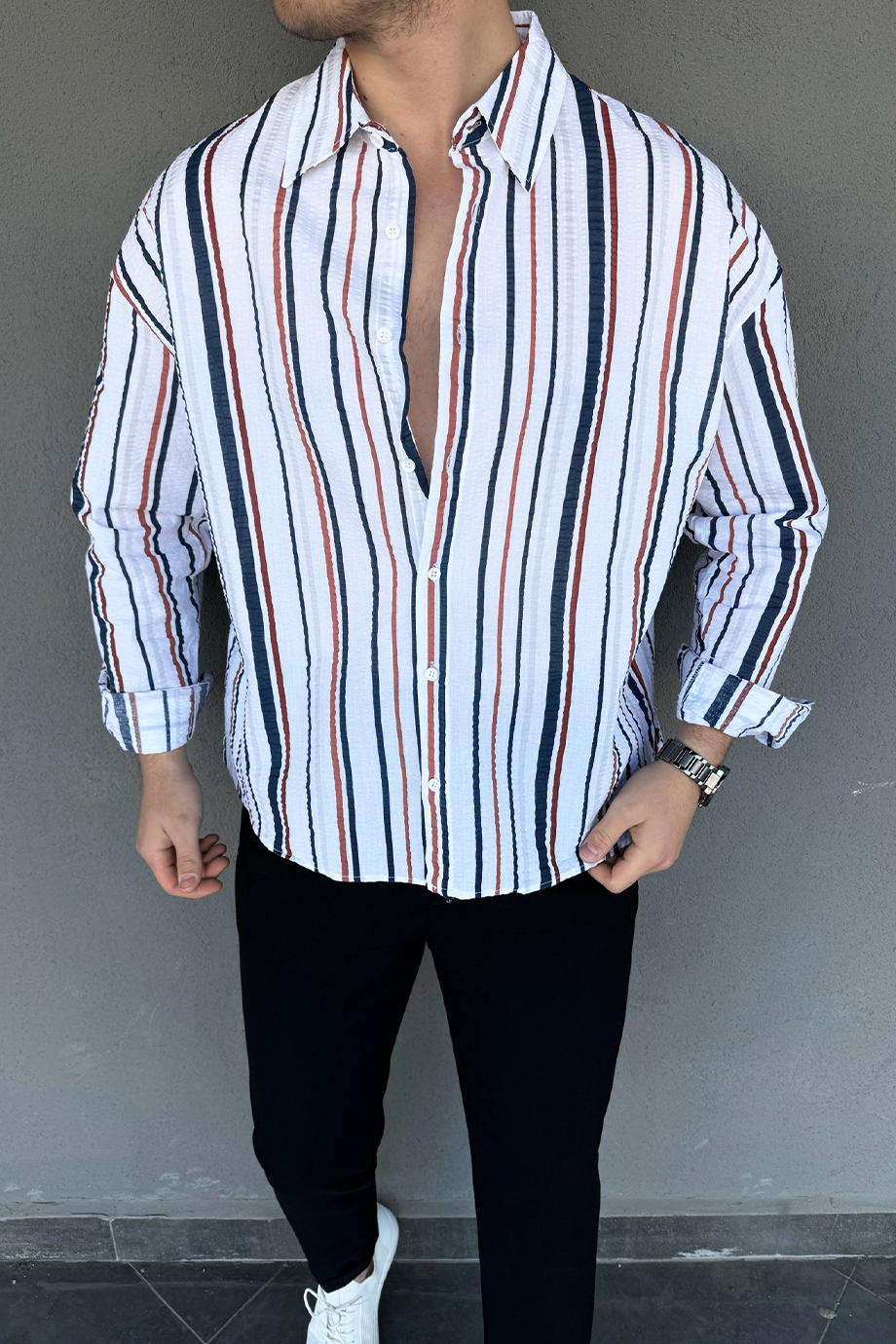 LACİVERT-KOYU KIRMIZI ÇİZGİLİ GÖMLEK