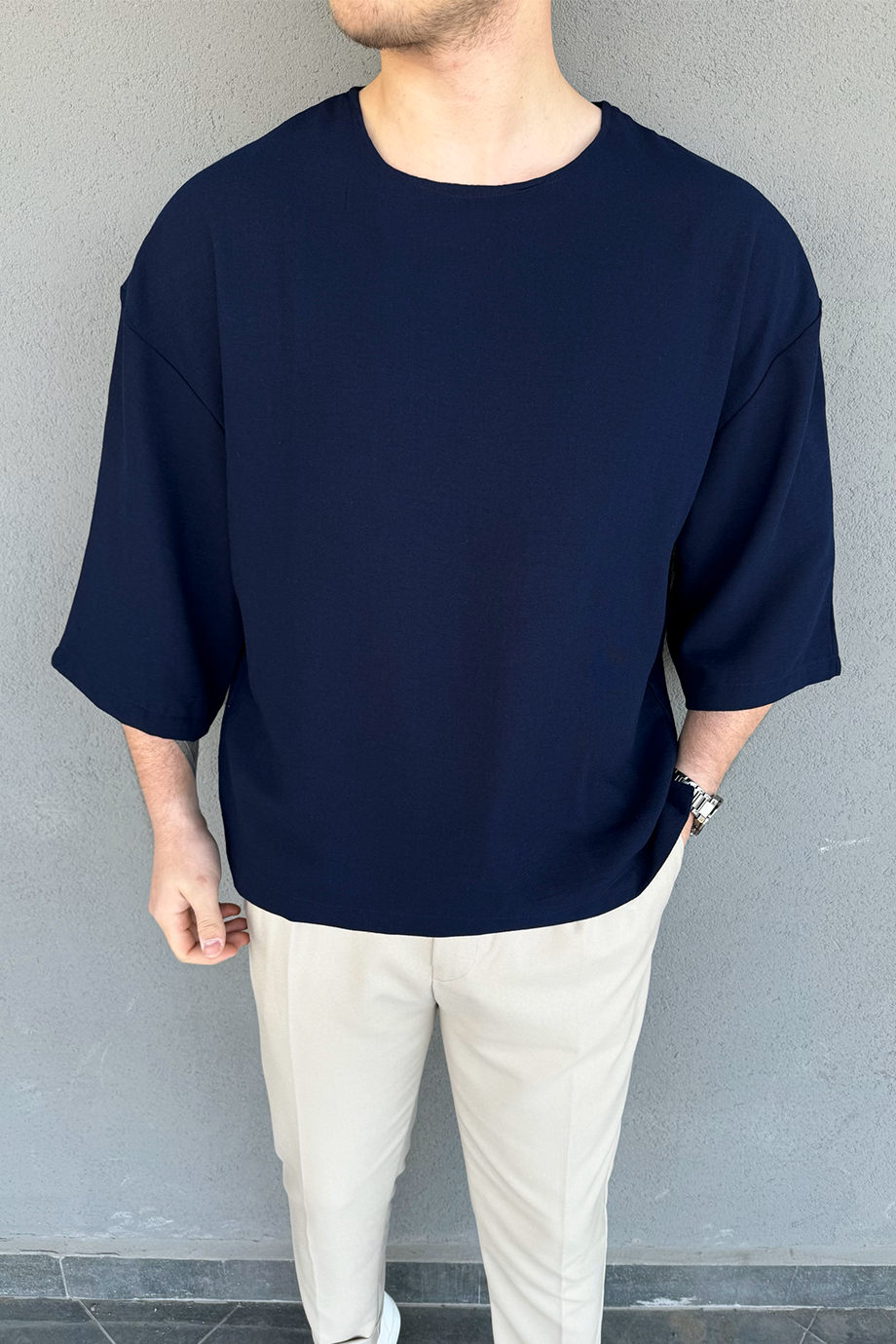 LACİVERT OVERSIZE YARIM KOL T-SHİRT