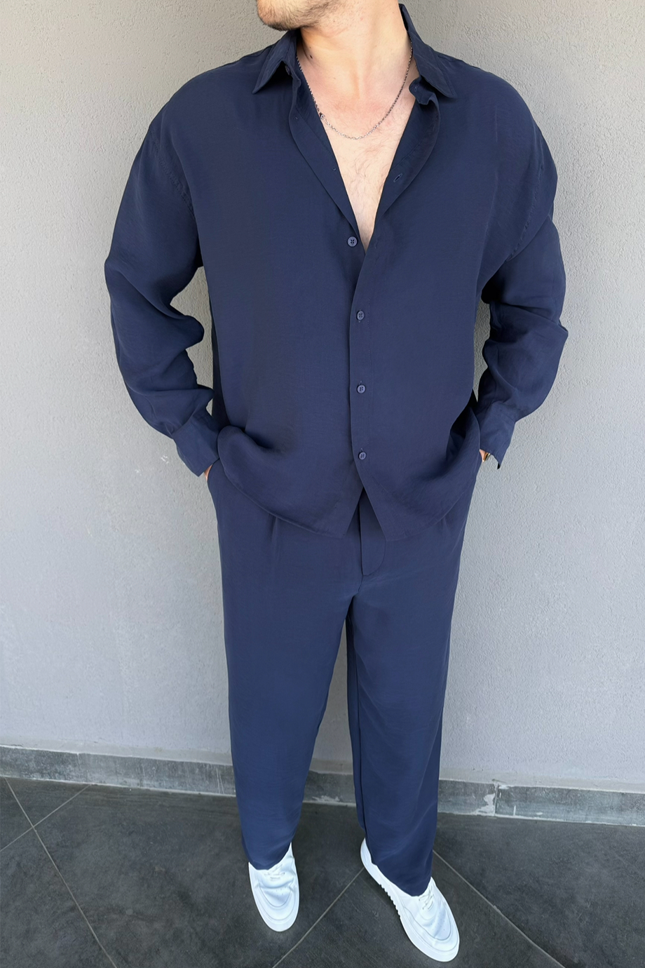 LACİVERT PREMİUM MODAL KUMAŞ GÖMLEK-PANTALON TAKIM