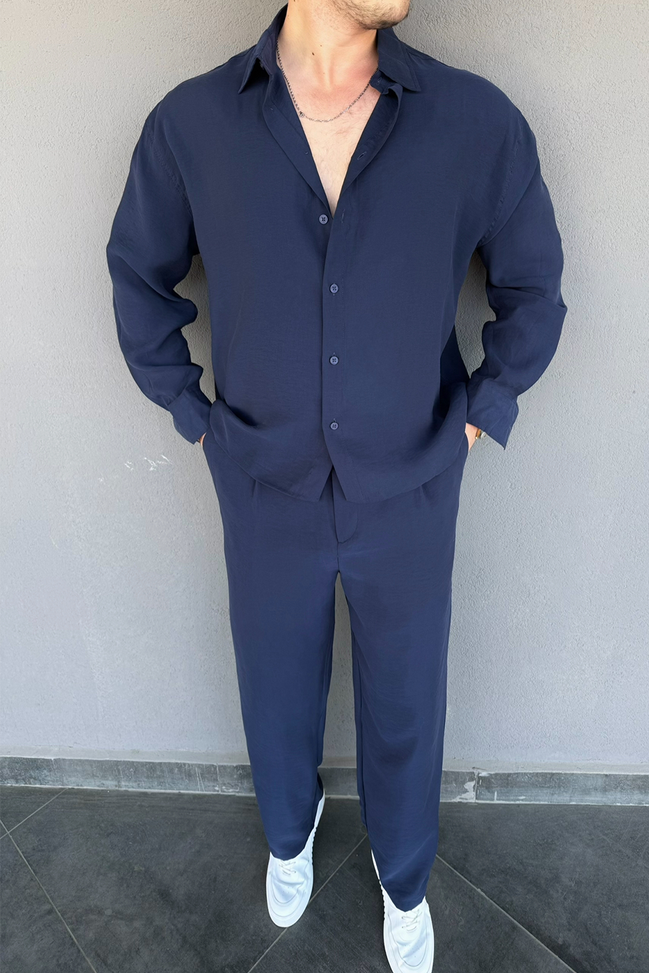 LACİVERT PREMİUM MODAL KUMAŞ GÖMLEK-PANTALON TAKIM