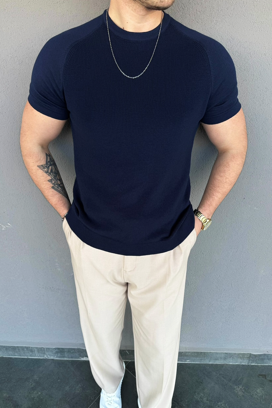 LACİVERT REGLAN KOL TRİKO T-SHİRT