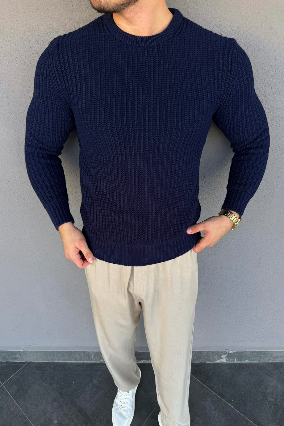 LACİVERT SELANİK ÖRME TAM KALIP KAZAK